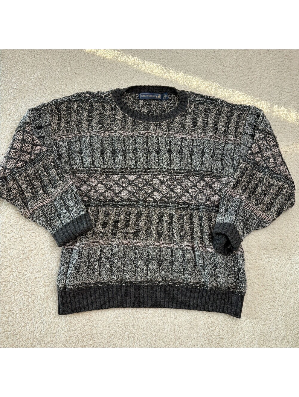 Vintage 90s Grandpa Sweater Mens XL Gray Marled Cable Knit Crewneck Made in USA